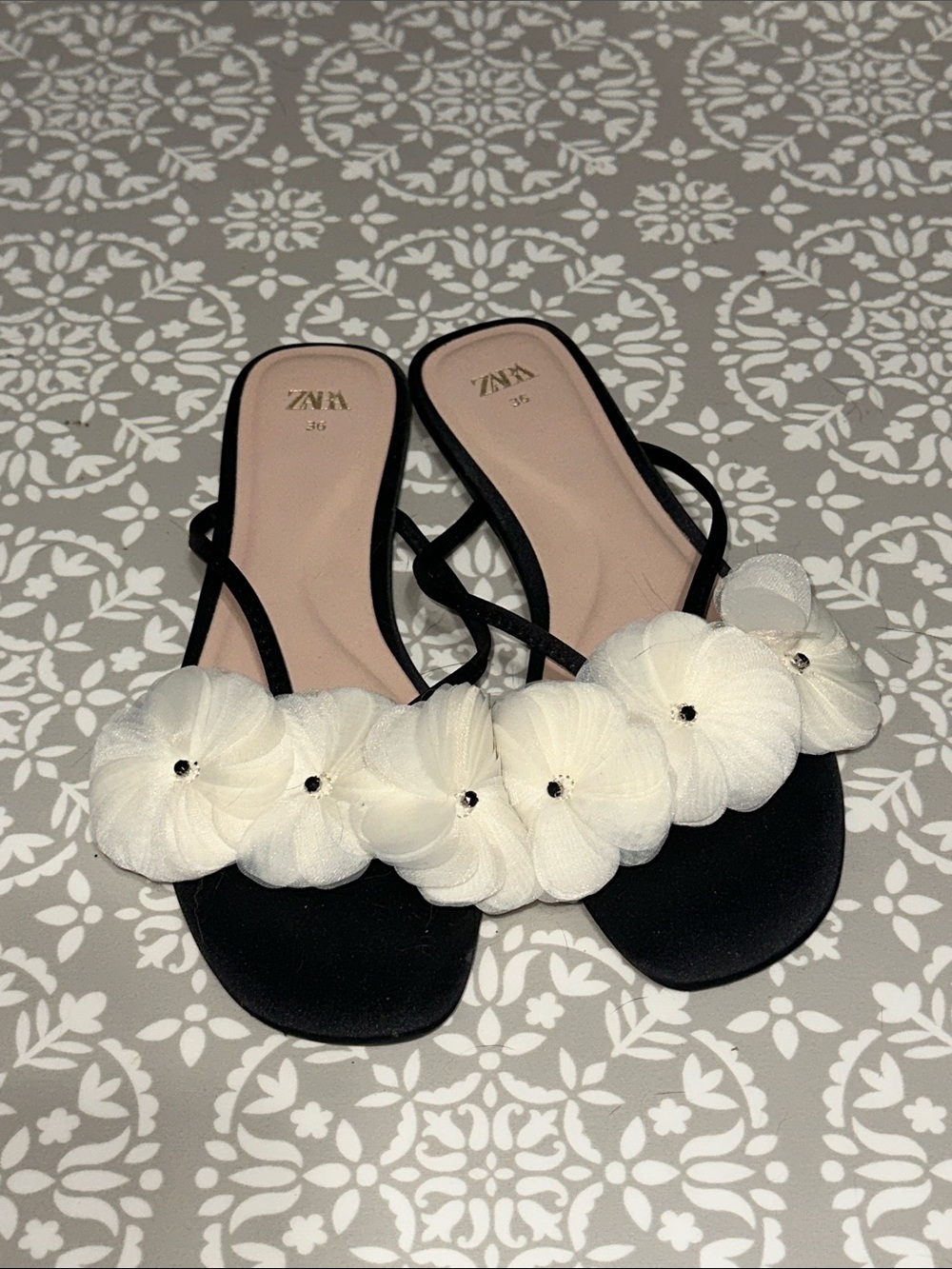 ZARA Black Sandals with White Floral Appliqué